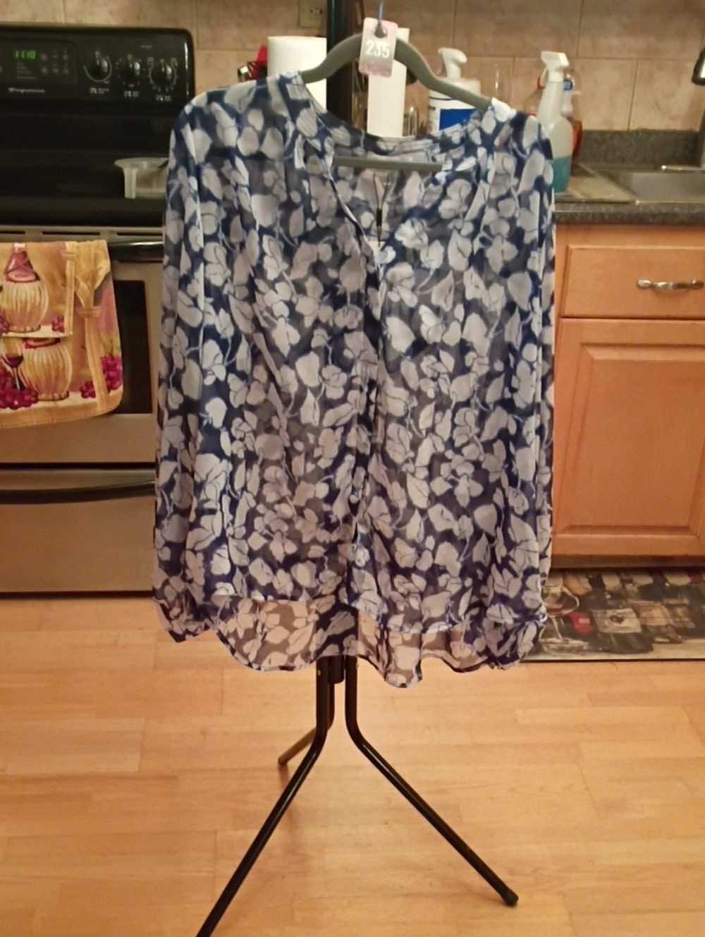 Chico's Navy and White Floral Sheer Button-Front Blouse